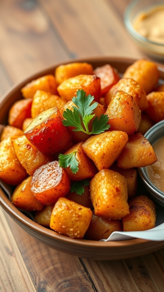 Crispy air-fried little red potatoes garnished with parsley in a bowl on a wooden table.